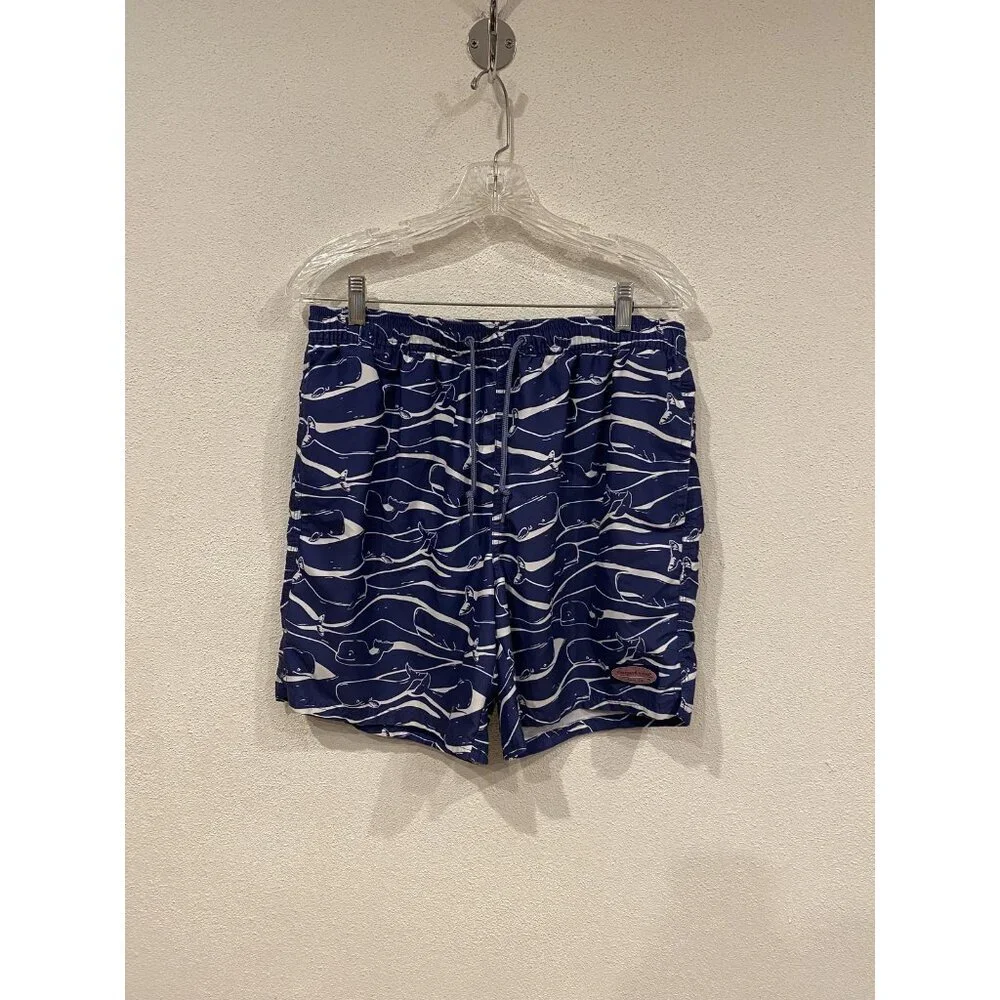 Vineyard Vines Swim Trunks Shorts Mens Medium Navy Blue Whale Print Mesh Lined